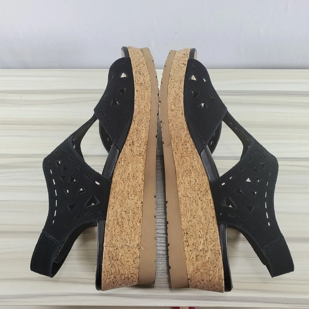 Earth Buran Rosa 8.5 Black Kid Suede Wedge Sandal T Strap Ankle Cork Cut Out